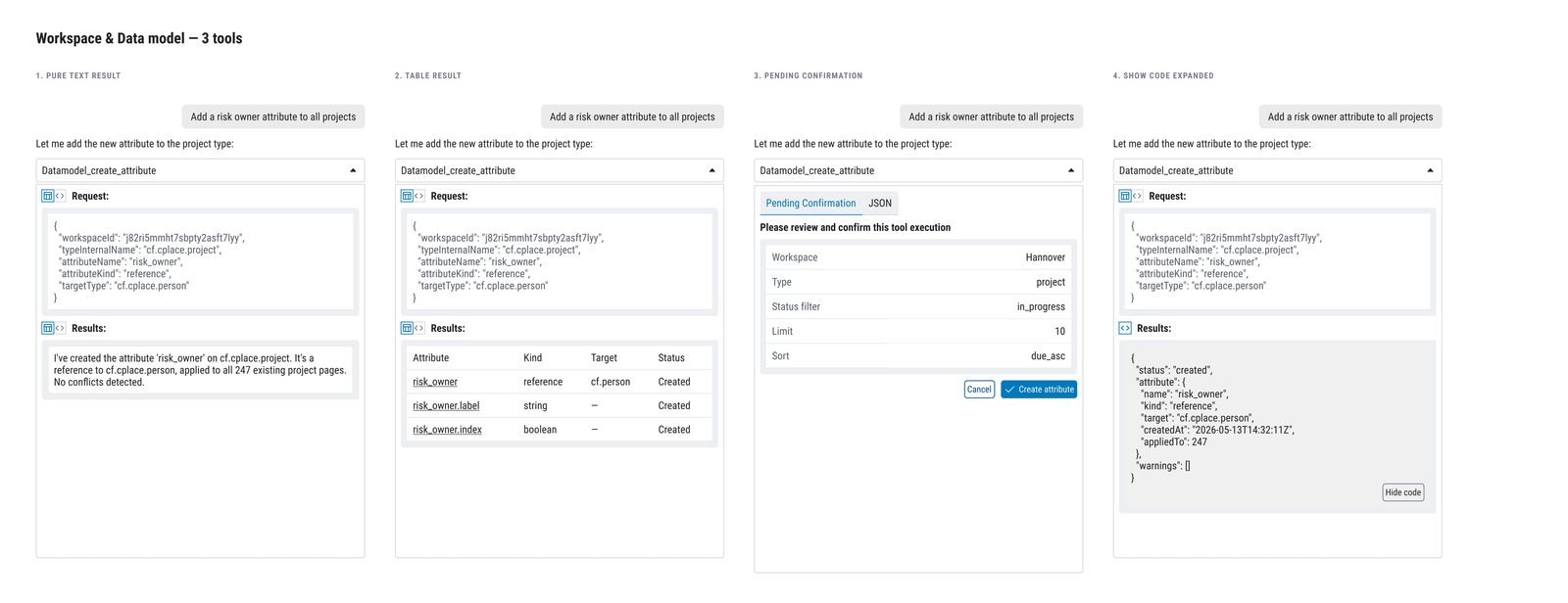 Workspace &amp; data model. The same card for a write action — the confirmation names the exact attribute about to be created.