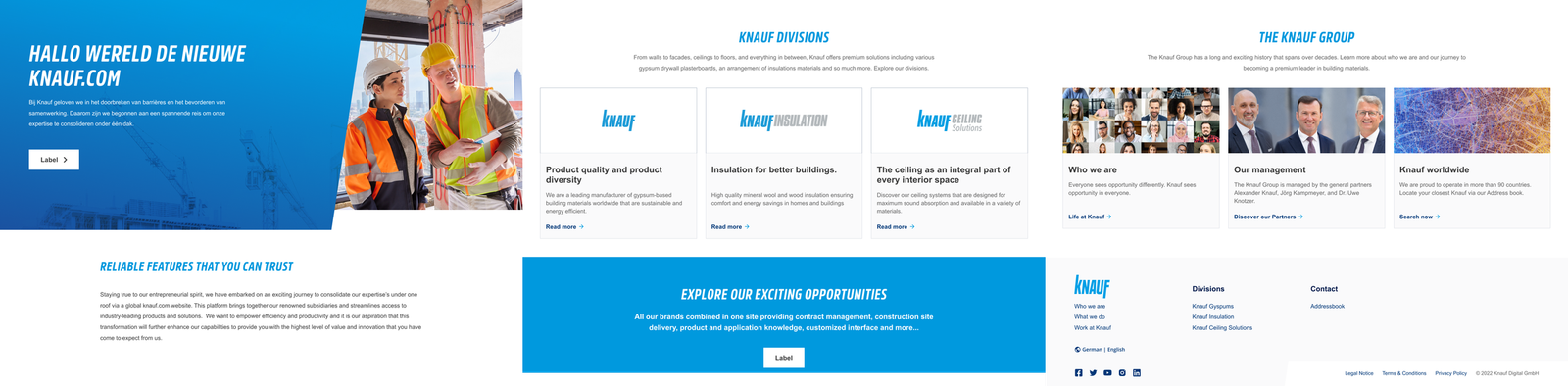 Final global components on the live product pages — hero, divisions, feature strips, footer.