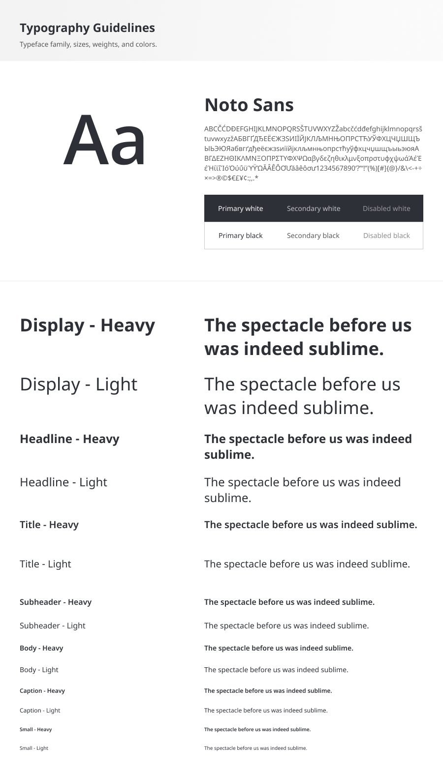 The Noto Sans type system: sizes, weights and text colours.